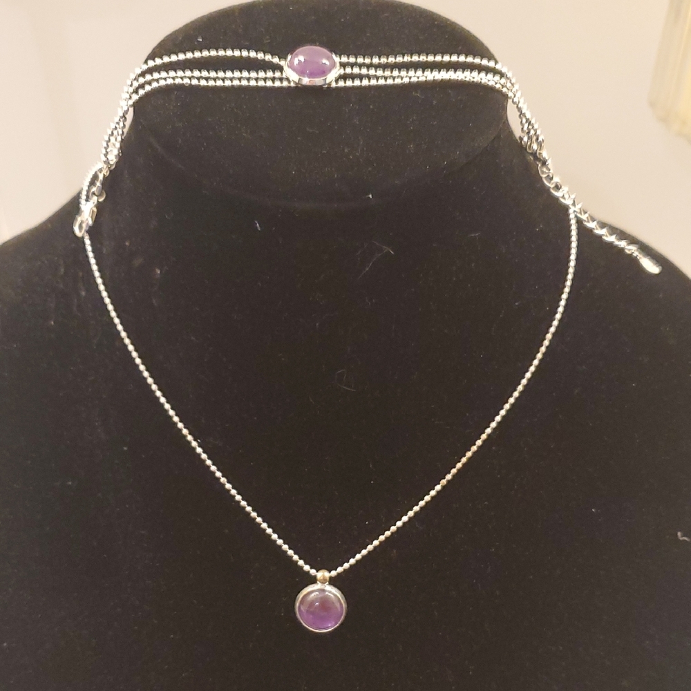 Yves Rocher Signed LBVYR Silver and Purple Necklace with Matching Bracelet